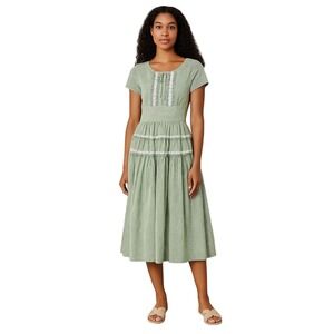 VICKY VAUGHN x VINTAGE 70s Green Gingham Prairie Dress Lace Trim Cottagecore‎